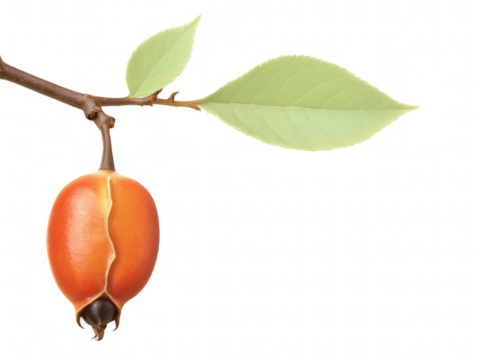 Rosehip (Rosa canina) Oval-shaped rosehips with a vibrant red-orange hue and smooth skin, used in teas, syrups, and jams for