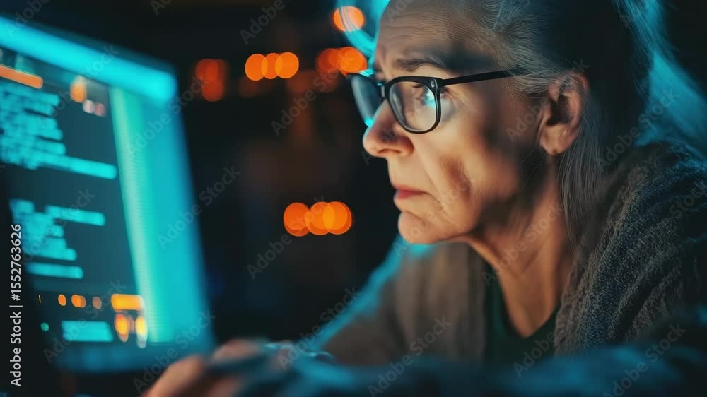 Aufkleber elderly woman wearing glasses focused computer screen coding programming technology late night with 