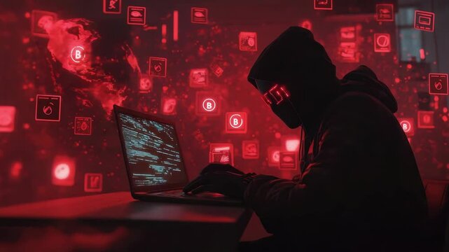 Hacker laptop glowing with red digital code and technology dark cybercrime atmosphere showcasing cybersecurity and network programming data security