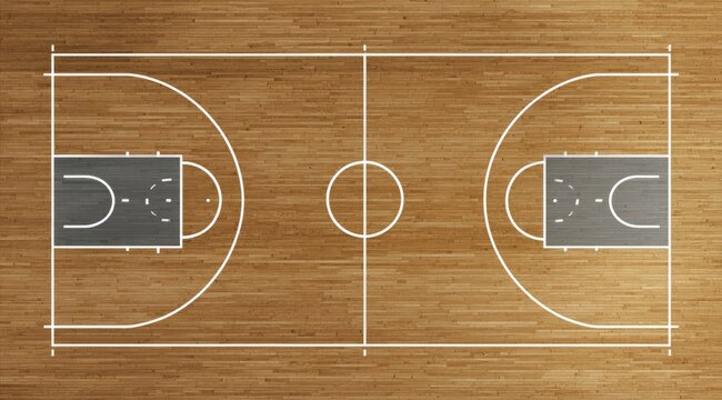 Overhead view of a hardwood basketball court, showing the full court with markings, free throw lines, and center circle