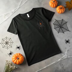 Black t shirt mockup for Halloween with pumpkins and leaves on wooden background. Minimal t-shirt front design template