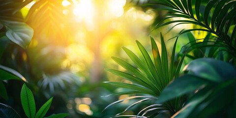 Sunlight filters through vibrant green tropical foliage creating a lush paradise scene