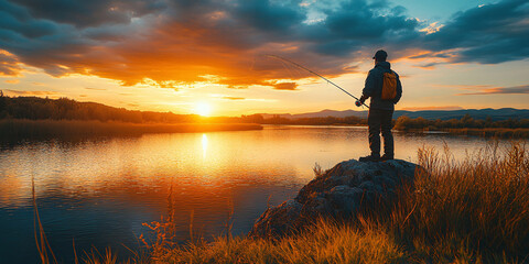 A lone fisherman enjoys a peaceful sunset by a tranquil lake.