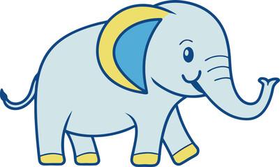 Fototapeta premium Cute cartoon baby elephant walking with blue and yellow accents