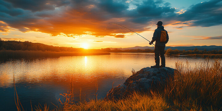 A lone fisherman enjoys a peaceful sunset by a tranquil lake.