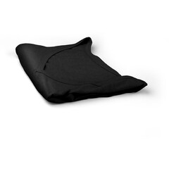 A folded black t-shirt resting on a white background, showcasing its simple design and fabric...