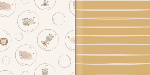 Cute safari animal on balloon pattern. seamless bubble and wave line pattern. Lion, elephant, zebra and giraffe background. For wallpaper, print, wrapping paper, fabric, kids fashion, baby apparel