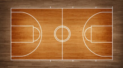 Overhead view of a polished hardwood basketball court, showcasing the center circle, free-throw lines, and key areas, all marked with crisp white lines against a rich brown wood grain