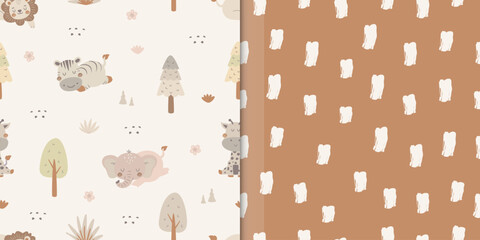 Cute safari animal pattern. Seamless animal, forest and brush pattern. Lion, elephant, zebra and giraffe background. For wallpaper, print, wrapping paper, fabric, kids fashion, baby apparel