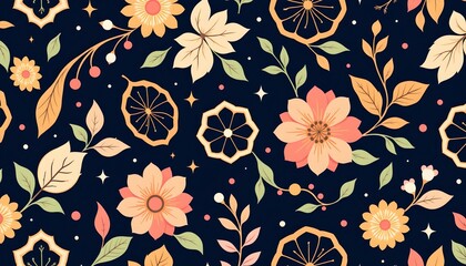 a vibrant floral pattern with autumn leaves and colorful flowers on a dark background, giving off an aesthetic that suggests warmth and coziness
