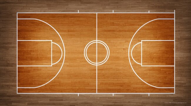 Overhead view of a polished hardwood basketball court, showcasing the center circle, free-throw lines, and key areas, all marked with crisp white lines against a rich brown wood grain