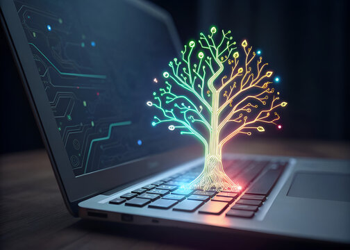 abstract glowing circuit tree emerging from laptop keyboard on dark background with digital data nodes futuristic technology network concept innovation AI computing connection system graphic

