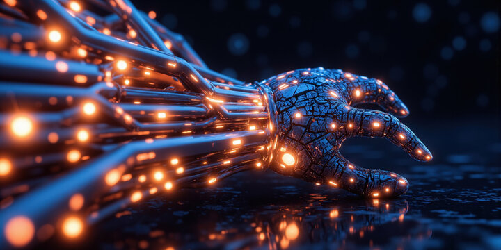 Abstract visualization of data flowing through luminous, interwoven circuits and pulsating nodes arranged in intricate geometric patterns with vibrant gradients and digital