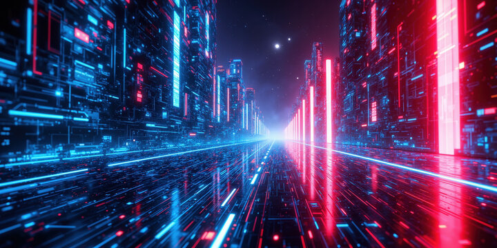 Digital Grid Horizon - A neon-lit technological horizon stretching infinitely, composed of illuminated blue and red circuit-like patterns forming