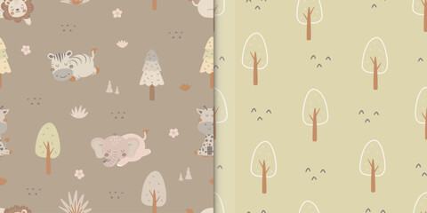 Cute safari animal and forest seamless pattern. Lion, elephant, zebra and giraffe background. For wallpaper, print, wrapping paper, fabric, kids fashion, baby apparel © LindaAyu