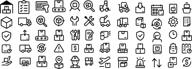 Black Vector Silhouettes of Warehouse and Inventory Icons &ndash; Adjustable Line Weight Logistics and Supply Chain Symbol Set on White Background