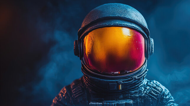 Astronaut in space suit with orange reflective helmet visor against dark blue smoky background