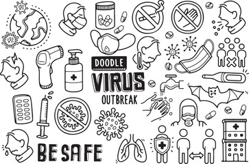 Virus Outbreak Awareness Doodle Set – Mask, Sanitizer, Pandemic, Safety, Infection, Health