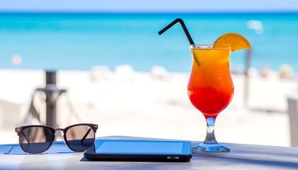 Beach cocktail with sunglasses, and tablet Summer.