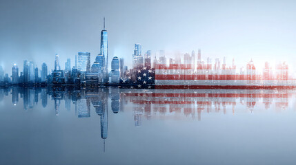 Naklejka premium Cityscape Reflection with Patriotism Overlay Urban Skyline and Flag