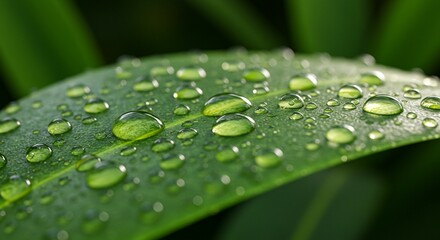 Close up of a green leaf with water droplets showing texture and detail