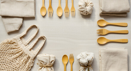Zero waste lifestyle composition displaying reusable items for eco-conscious living