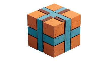 Textured cube in orange and brown with a shadow on a blue background

