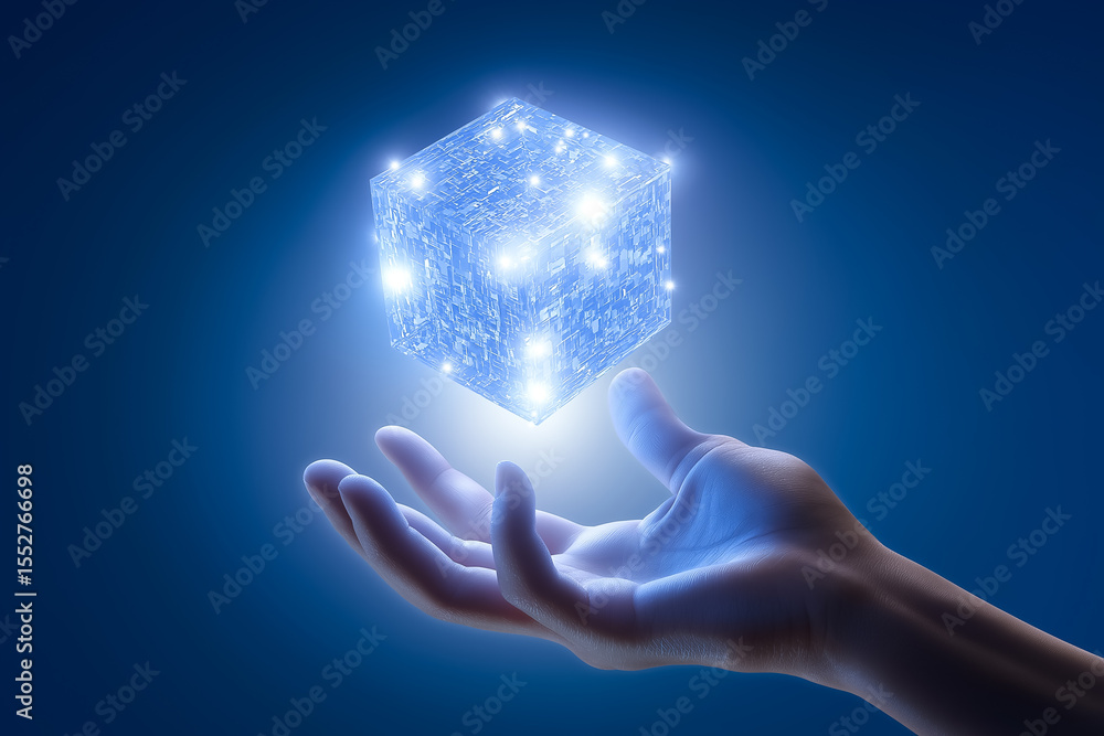 Poster hand reaches up to luminous cube that radiates soft light, creating an ethereal effect against a dee