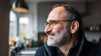 Obraz premium Thoughtful bearded man in glasses, warm light on his face. Wisdom and quiet confidence in a modern portrait.