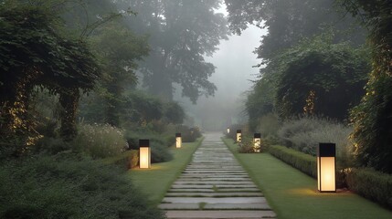 Fototapeta premium Misty Garden Path Lit At Night