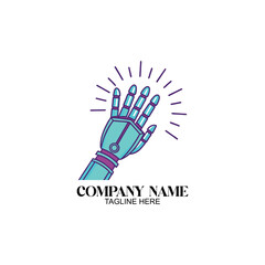 Robot Hand Logo: A robotic hand with fingers extended in a friendly greeting pose, radiating light, set against a design perfect for a technology company logo.