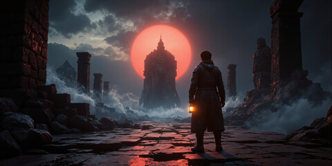 Fototapeta premium Man Lantern Ruins Man in Black Coat Holding Lantern Standing in Gloomy Ruins Looking at Red Sun Building at Night
