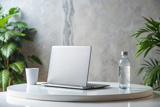 Modern workspace setup with laptop water and plants