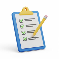 3d render of a completed checklist on a clipboard with a yellow pencil illustrating task management and project progress