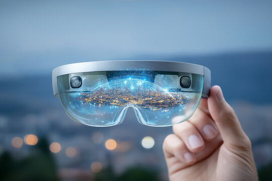 Hand holds transparent AR glasses showcasing a holographic city skyline at dusk. Background features blurred city lights and open sky. Concept of technology, innovation, urban development