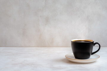 Steam flows from black coffee cup resting on white marble surface in minimalist style. Simple backdrop enhances focus on beverage. Concept of cafes, coffee shops, hospitality