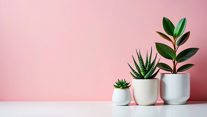 Three potted houseplants on a clean white table against a soft pink wall