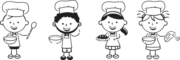 Cute Chef Boy and Girl Doodle Set – Kids, Cooking, Kitchen, Bakery, Apron, Smiling
