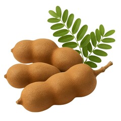 Fresh Ripe Tamarind Pods with Green Leaves – Natural Imli Fruit Isolated on White Background.