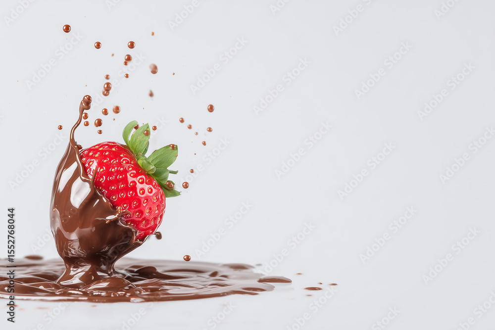 Poster strawberry drops into melted chocolate creating glossy splash crown. clean white background enhances