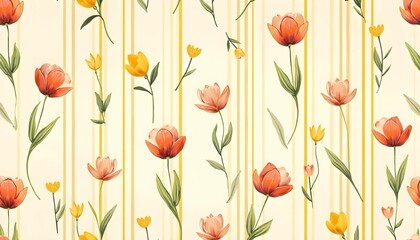 Fototapeta premium Colorful seamless pattern with hand-painted tulips and vertical mustard yellow stripes on ivory background – mid-century modern floral fabric design for wallpaper, textiles, wrapping paper, and decor 