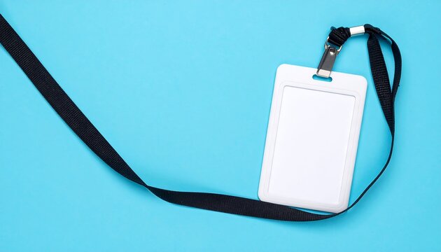 Blank badge with lanyard on blue surface.