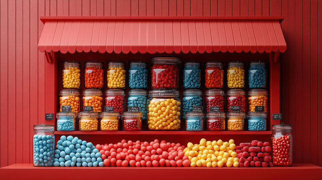 Colorful candies and sweets displayed in a vintage wooden candy dispenser with a red background and a metal spout