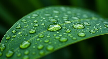 Dew drops on green leaf close up