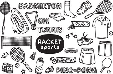Racket Sports Doodle Collection – Tennis, Badminton, Ping Pong, Court, Equipment, Active