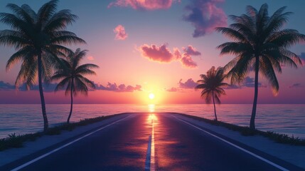 Fototapeta premium Road lined in Palm Trees,coastal boulevard lined with tall palms on the beach,Beach paradise,Summer beach vibes,Holliday road trip by vehicle.