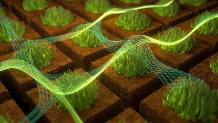 Abstract glowing green energy waves flowing over rows of miniature green plants on brown soil squares: Quantum Garden Ecosystems