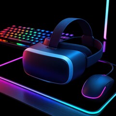 VR gaming setup: A state-of-the-art virtual reality headset, mouse, and keyboard on a gaming surface, lit with the vibrant glow of neon lights.