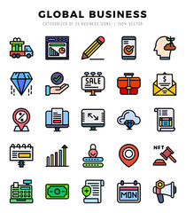 Global Business icons Pack. Lineal Color icons set. Global Business collection set.