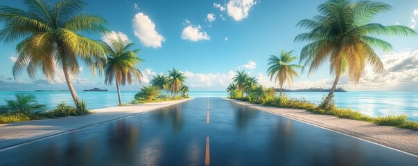 Fototapeta premium Road lined in Palm Trees,coastal boulevard lined with tall palms on the beach,Beach paradise,Summer beach vibes,Holliday road trip by vehicle.